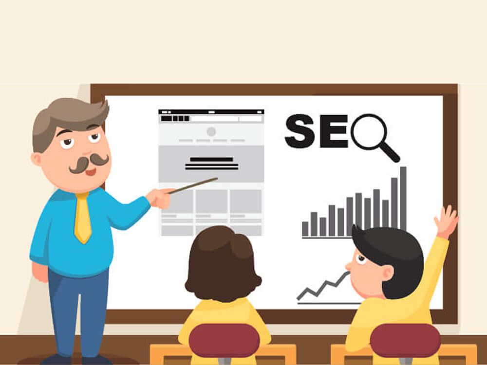 Instructor teaching SEO to students on Whiteboard